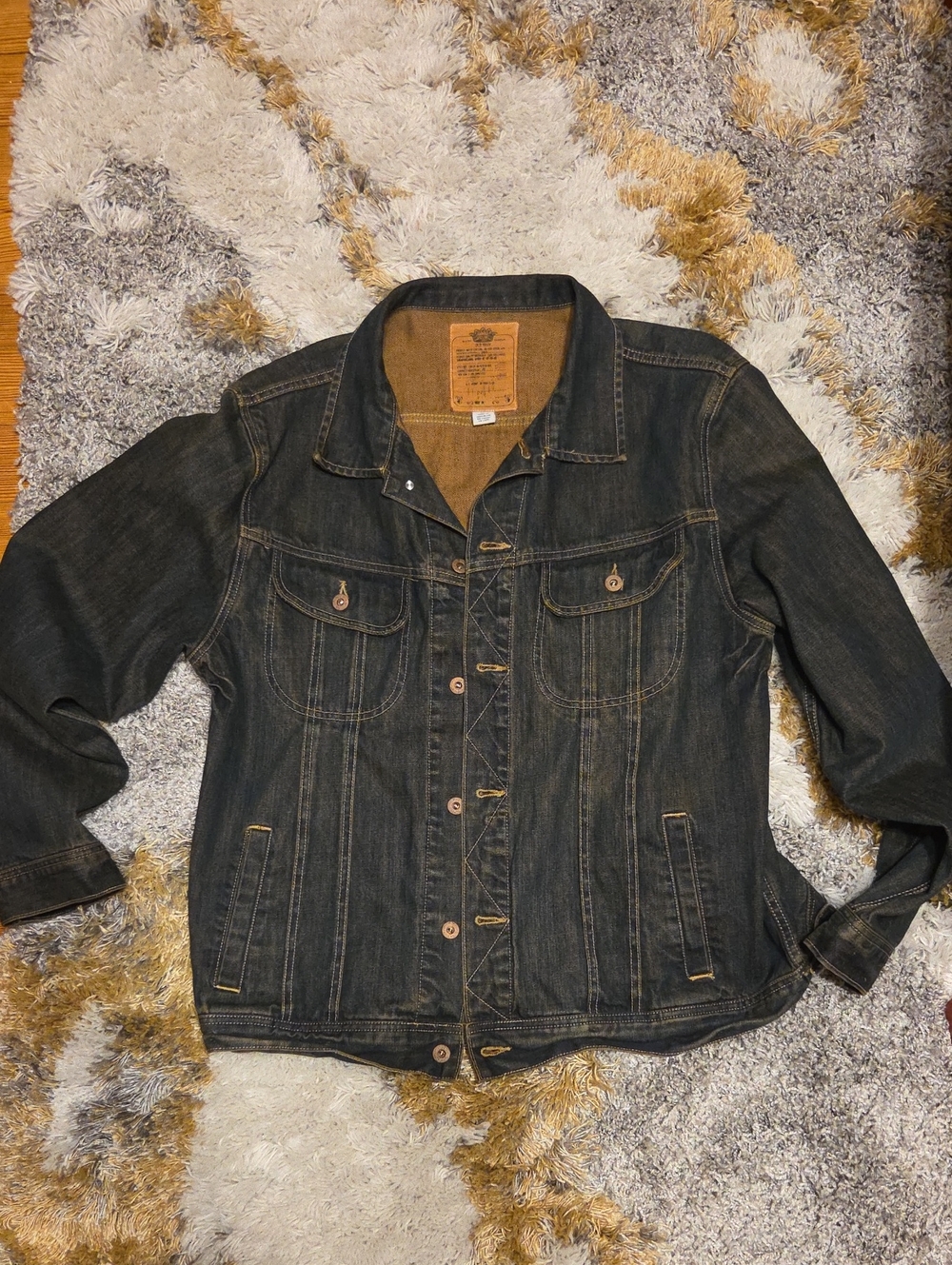 Vintage Old Navy Dark Blue Denim Jacket With Brown Accents